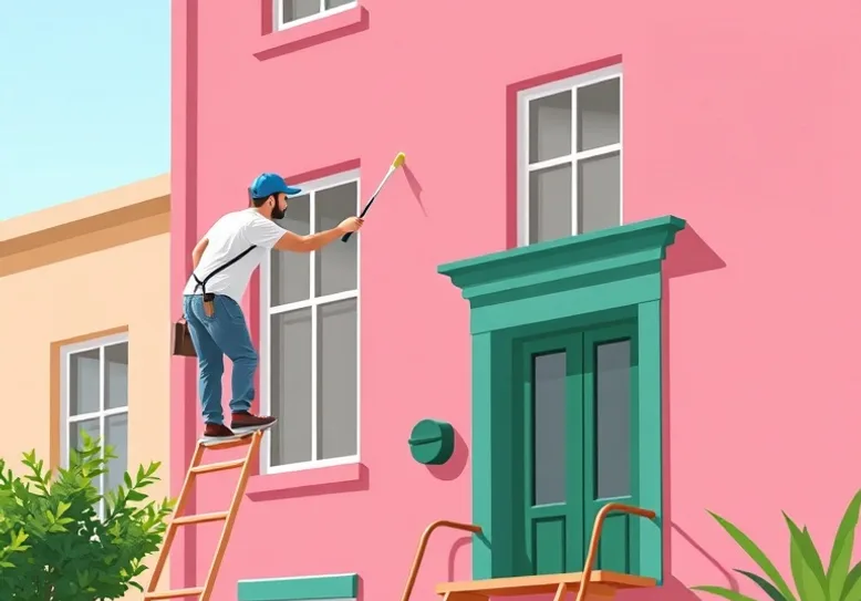 Peintre sur échafaudage traitant la façade d'une maison